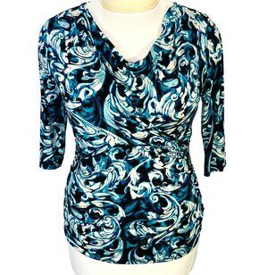 Worthington Blouse Womens XL Teal Blue Black White Abstract Twist Front Cowl Nec